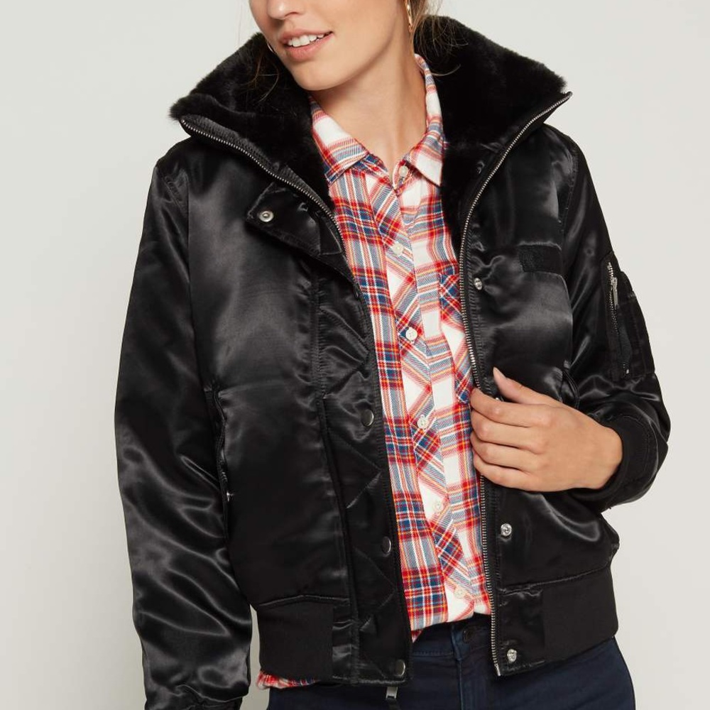 Black Satin Bomber Jacket with Faux Fur